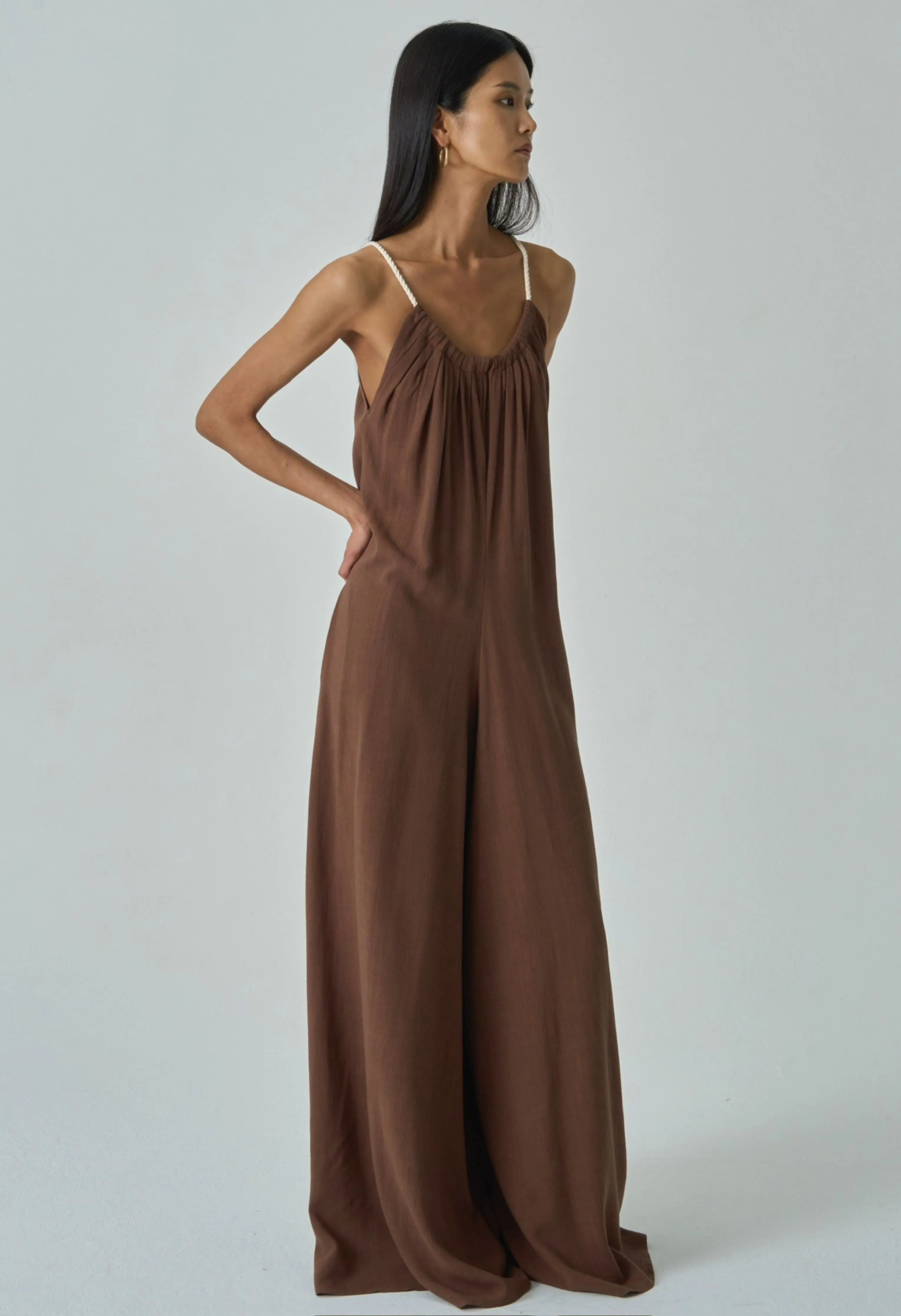 Rope Tie Linen Jumpsuit in Chocolate