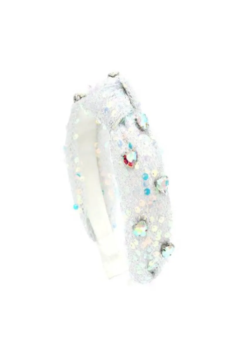 Sequined Jewel Heart Knot Headband - White