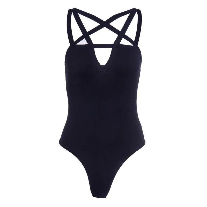 Sexy Bodycon Gothic Pentagram Hollow Out Bodysuit