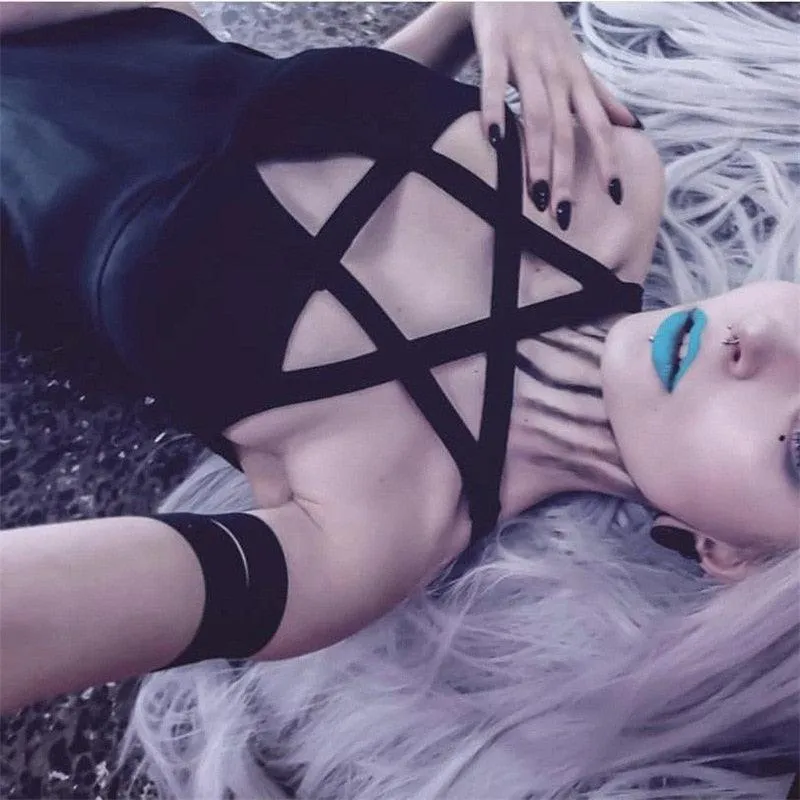 Sexy Bodycon Gothic Pentagram Hollow Out Bodysuit