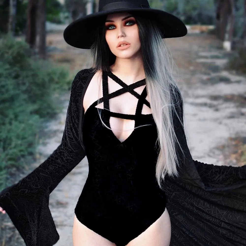 Sexy Bodycon Gothic Pentagram Hollow Out Bodysuit