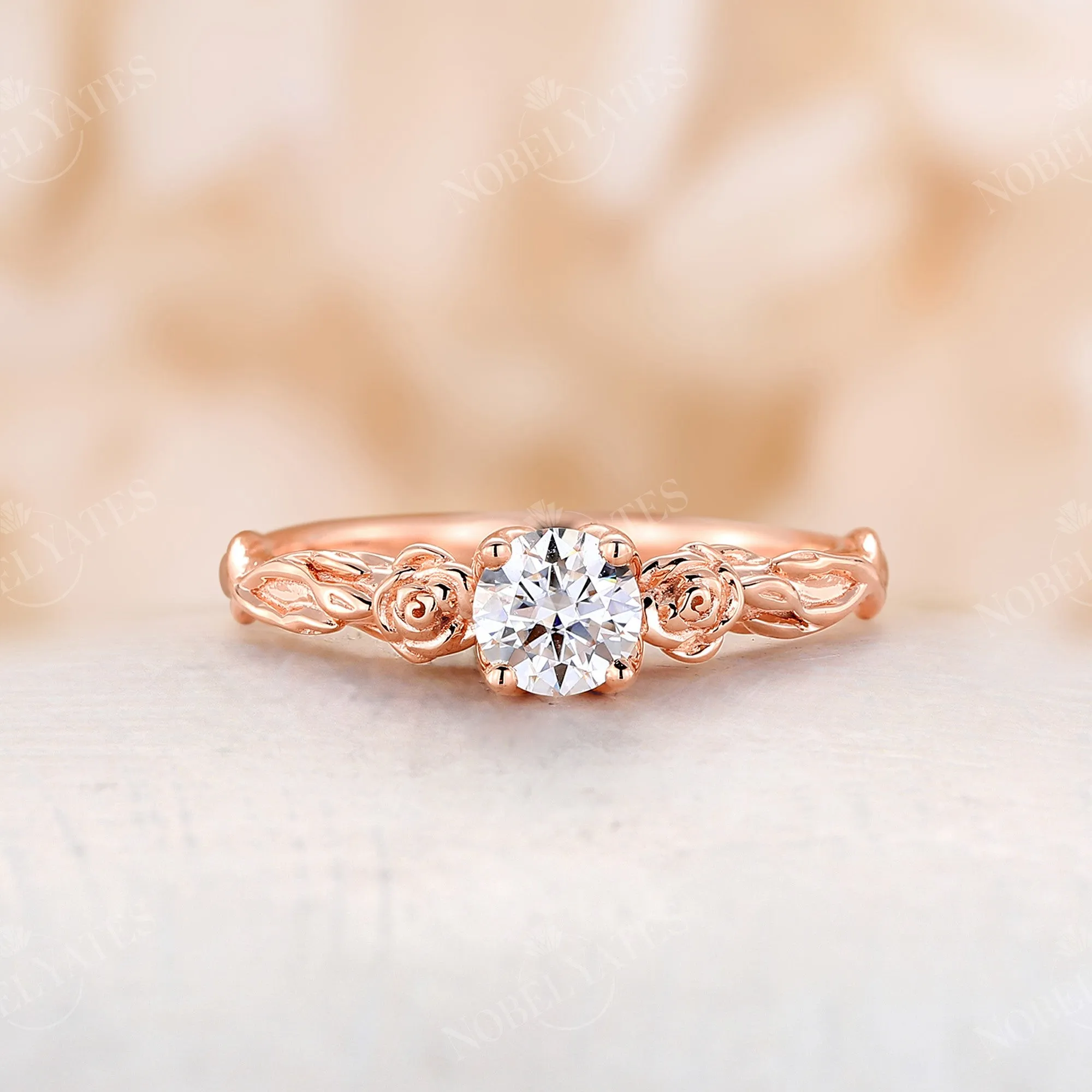 Solitaire Moissanite Nature Inspired Floral Engagement Ring Rose Gold