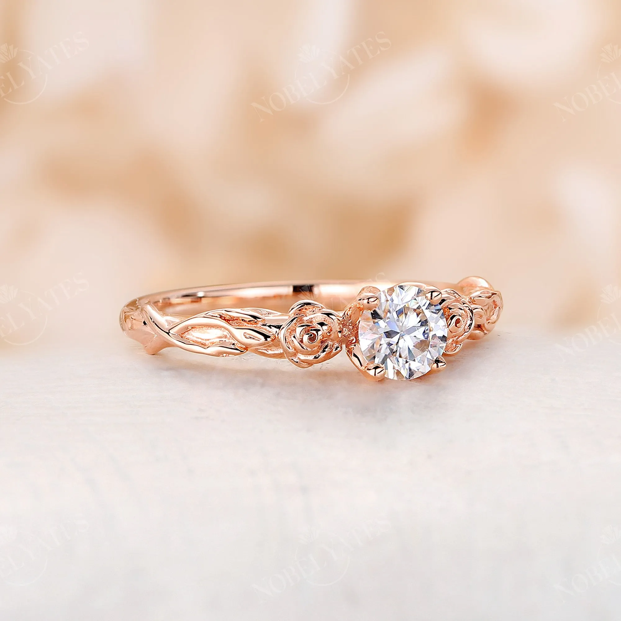 Solitaire Moissanite Nature Inspired Floral Engagement Ring Rose Gold