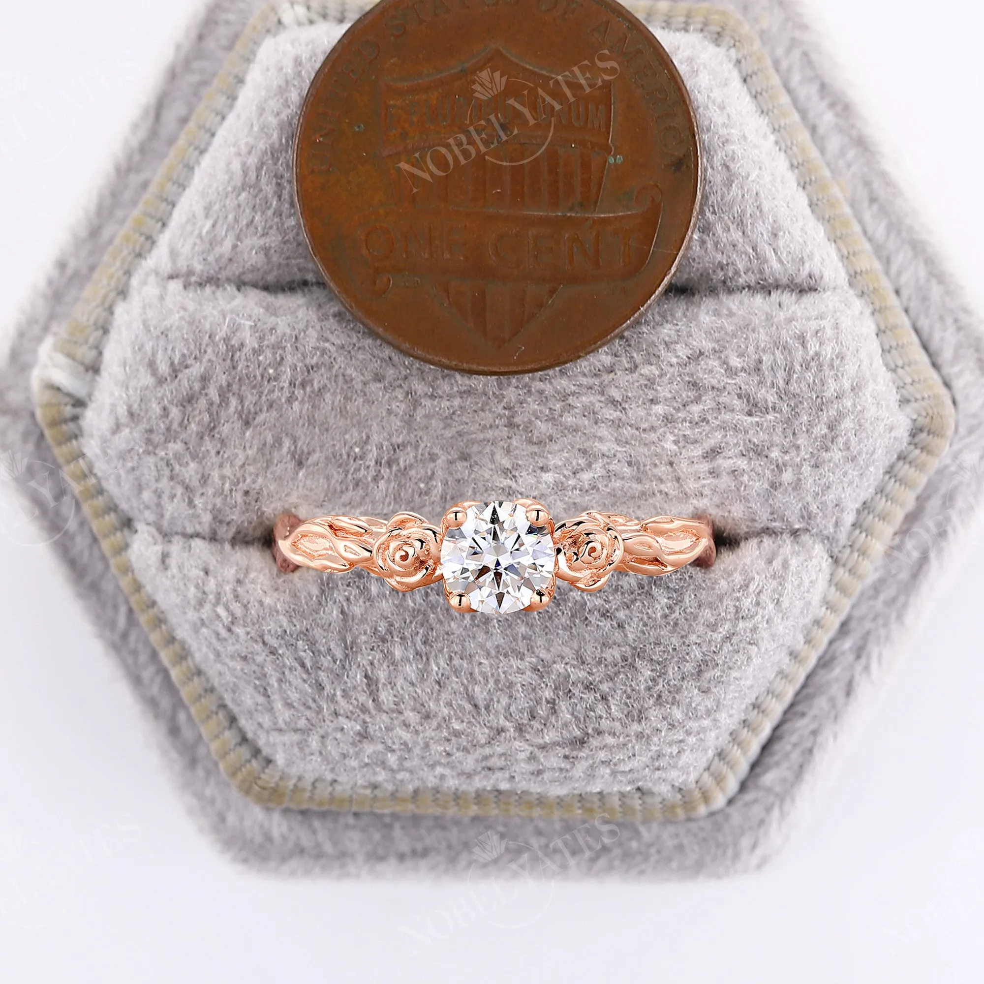 Solitaire Moissanite Nature Inspired Floral Engagement Ring Rose Gold