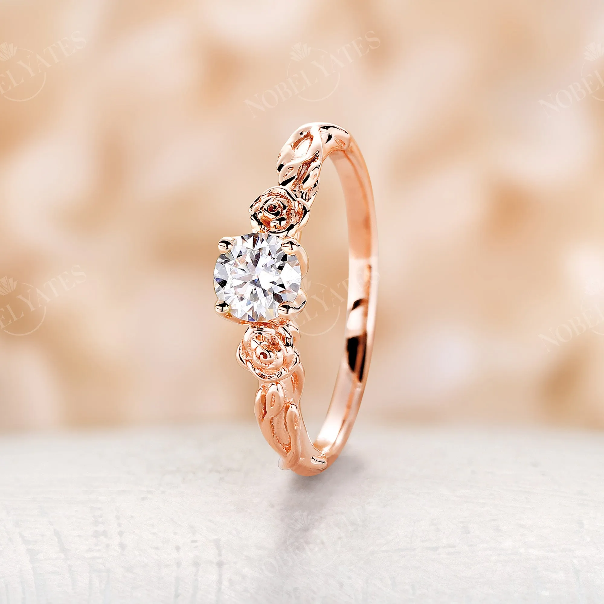 Solitaire Moissanite Nature Inspired Floral Engagement Ring Rose Gold