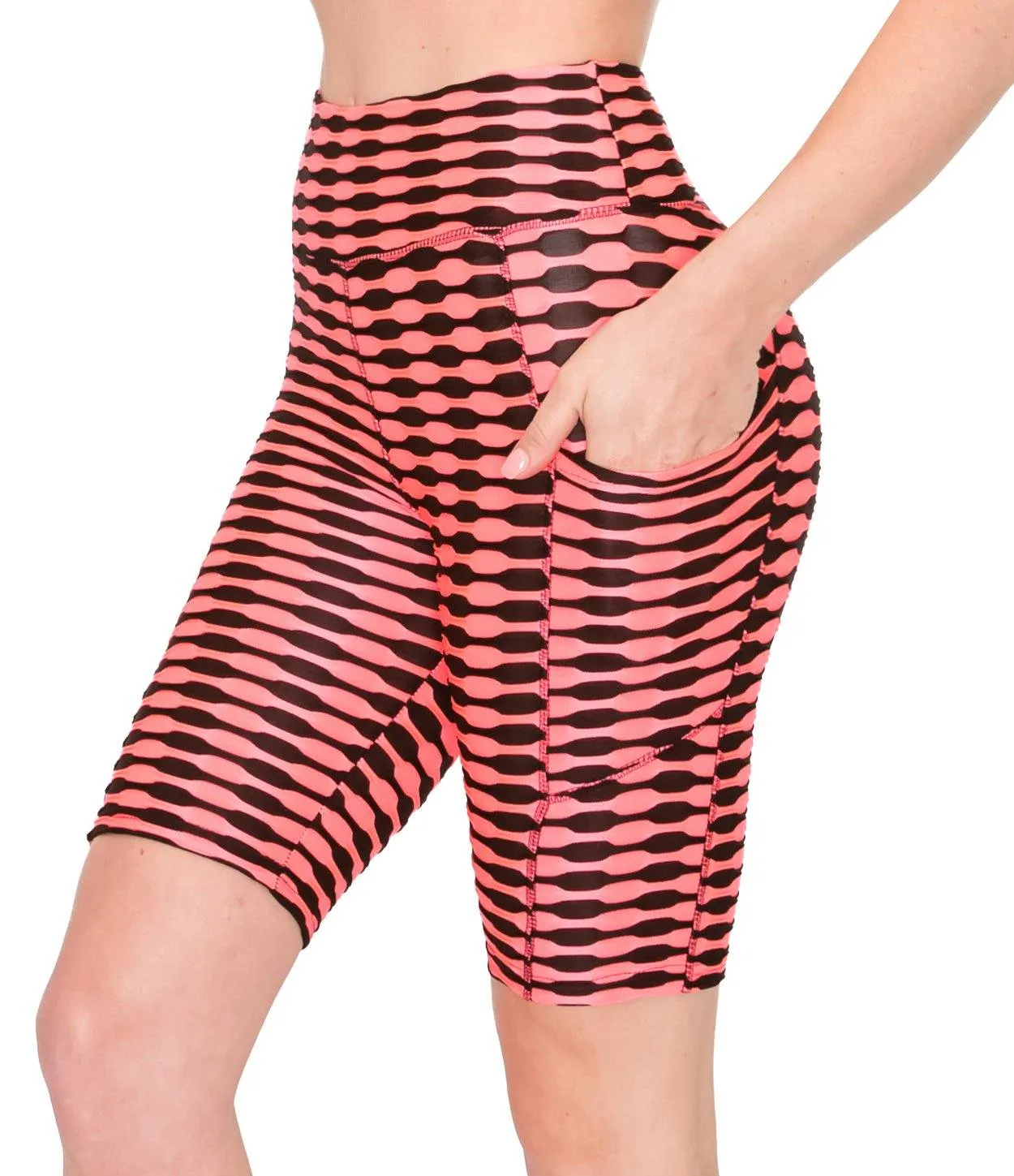 Textured Booty Bike Shorts - Striped High Waist Compression Slimming Butt Lift Bike Shorts with Pockets