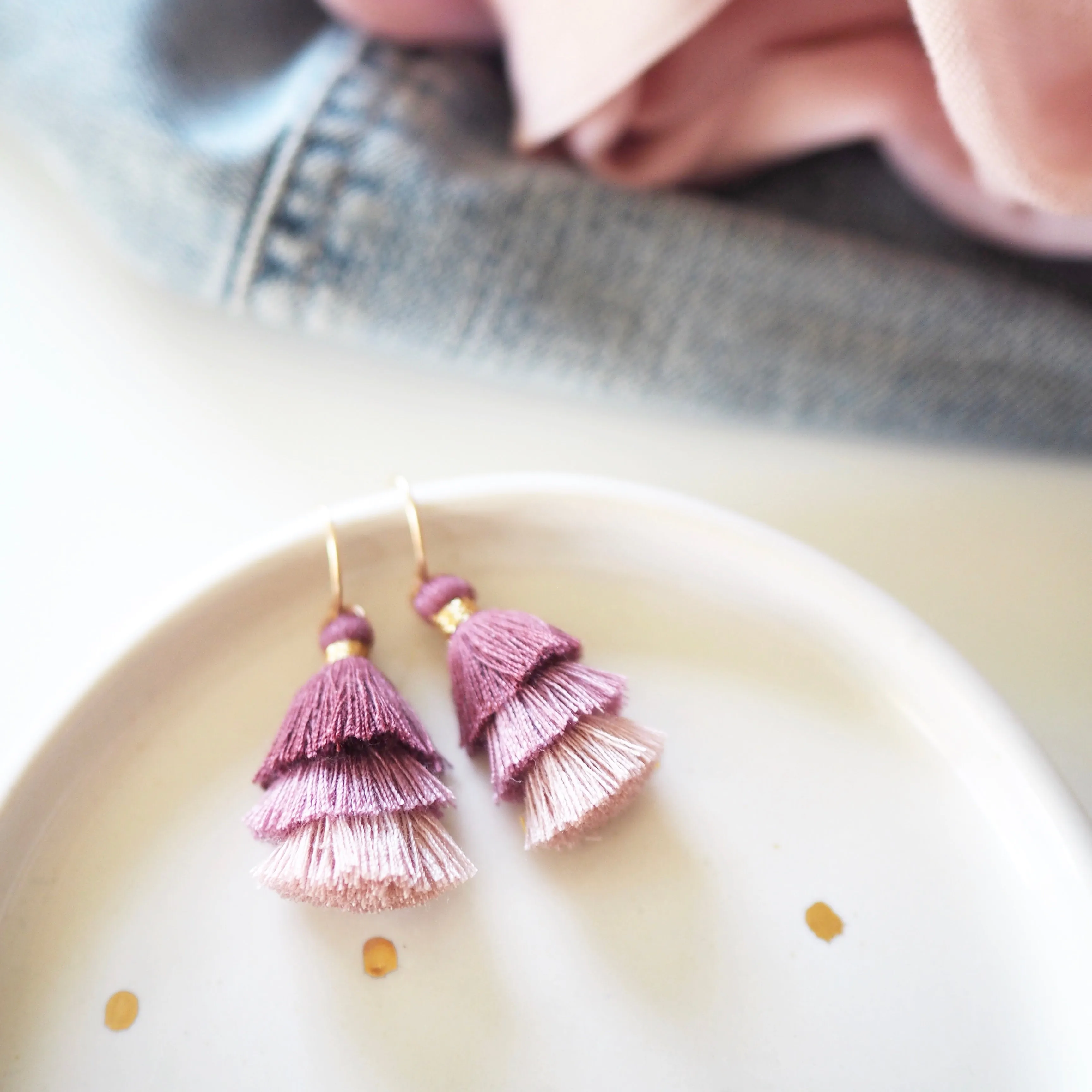 Three Tiered Tassel Earrings - Muted Plum