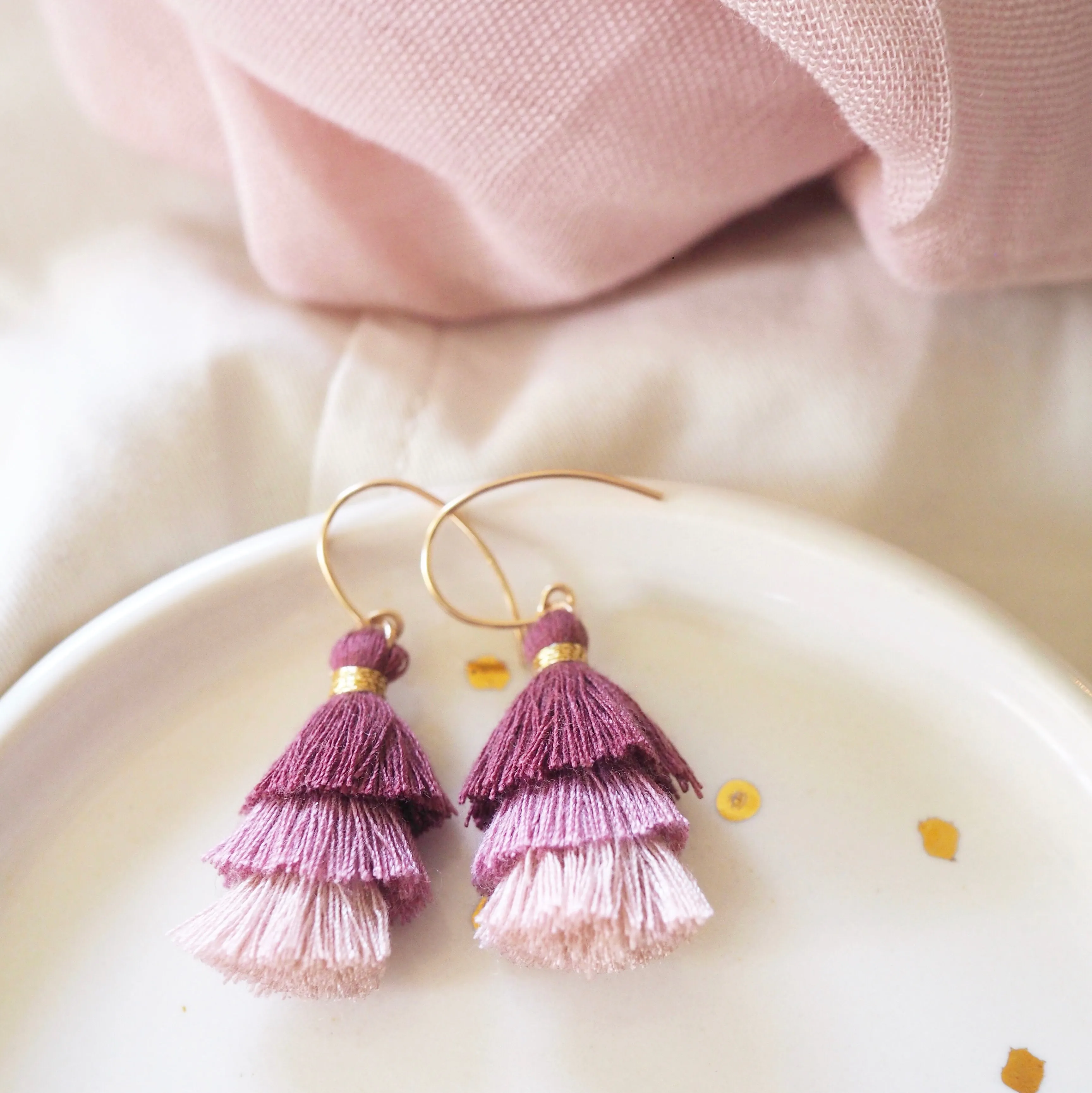 Three Tiered Tassel Earrings - Muted Plum