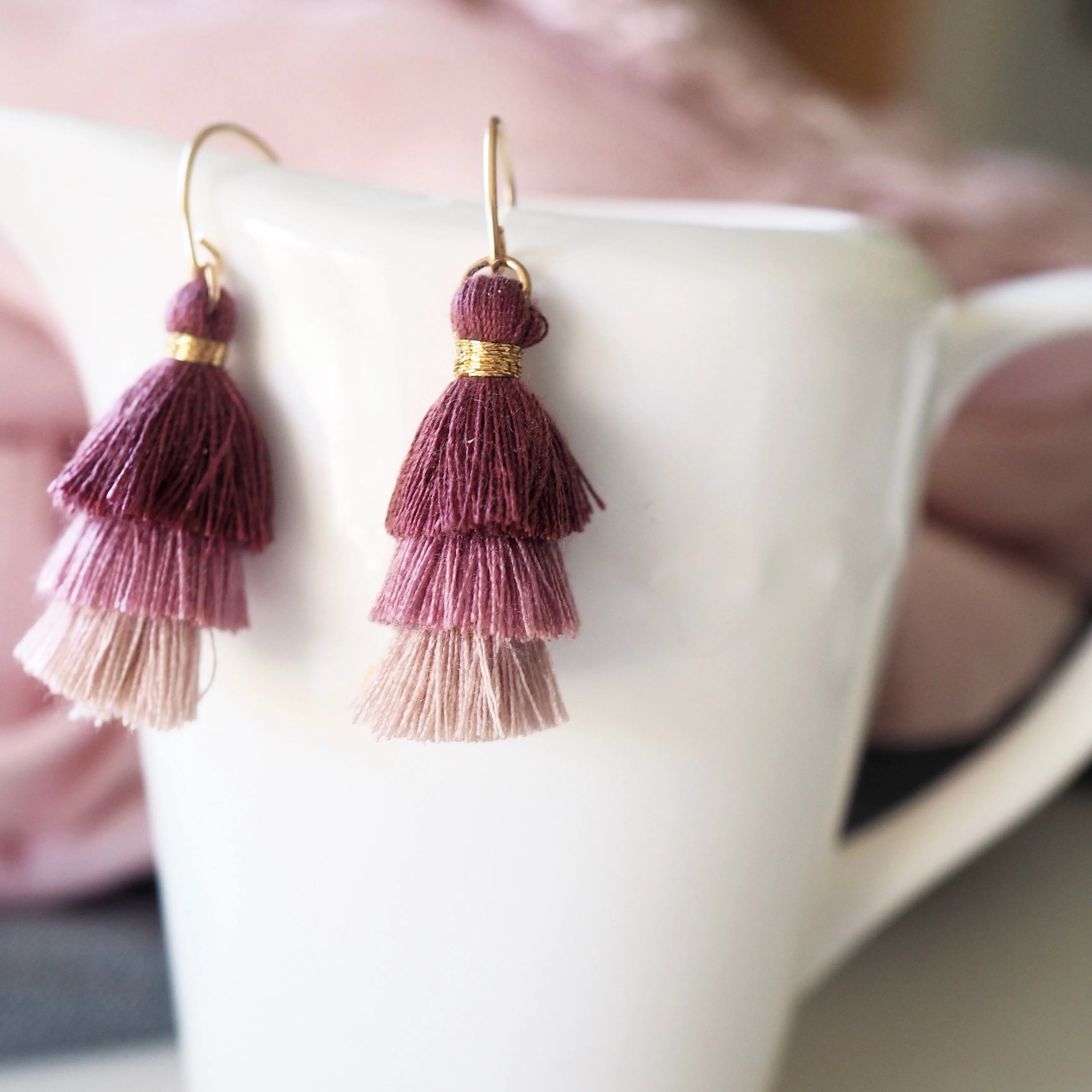 Three Tiered Tassel Earrings - Muted Plum