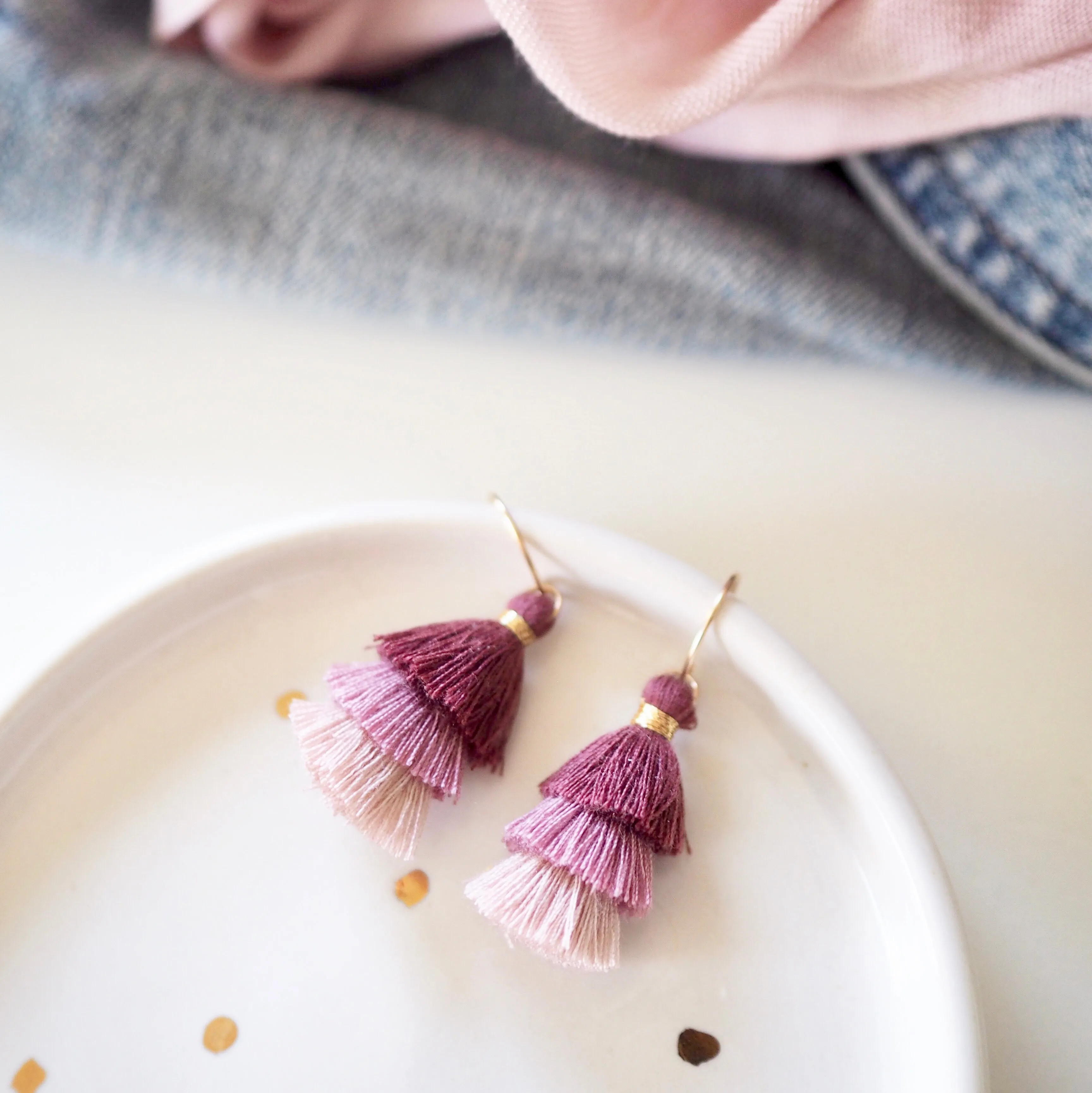 Three Tiered Tassel Earrings - Muted Plum