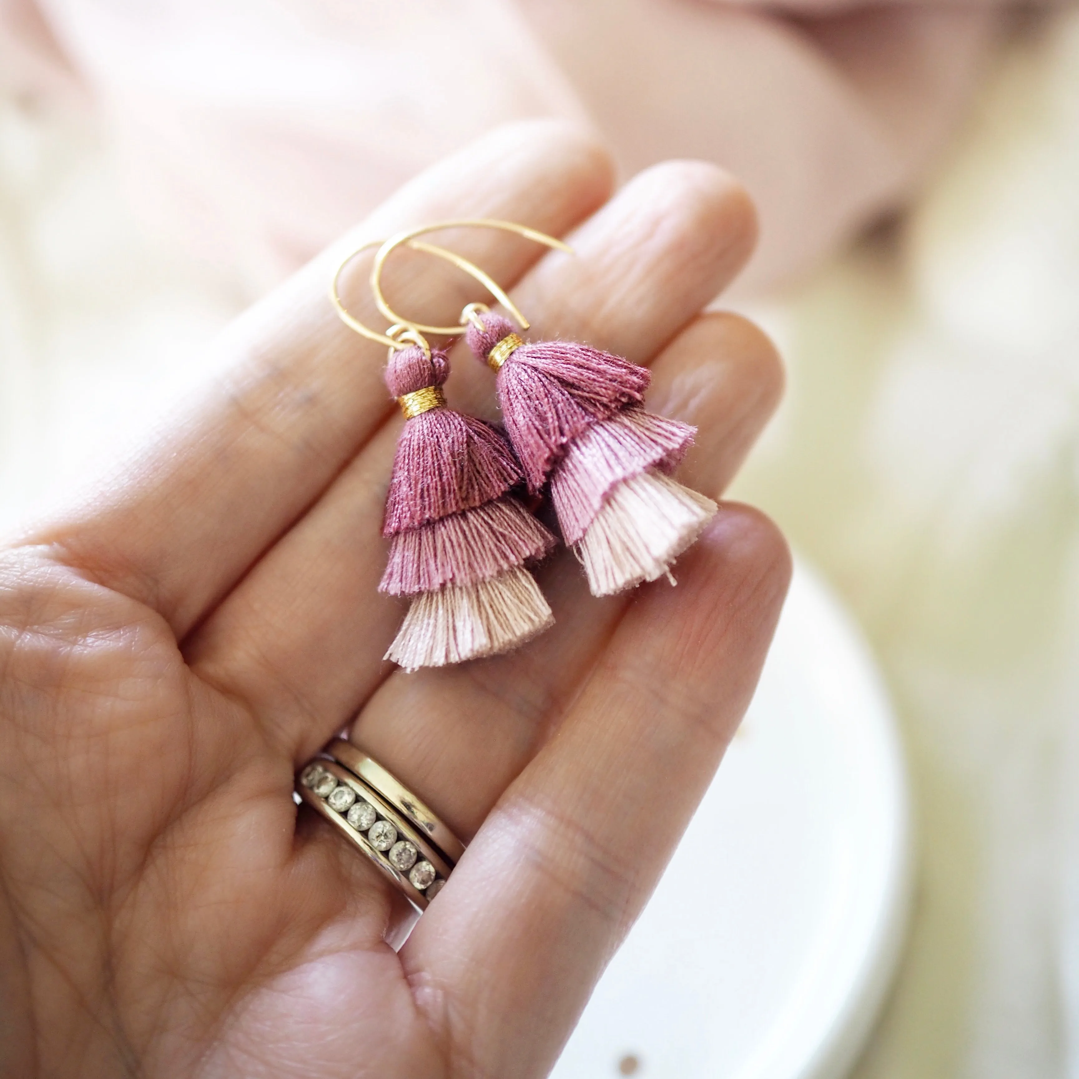 Three Tiered Tassel Earrings - Muted Plum