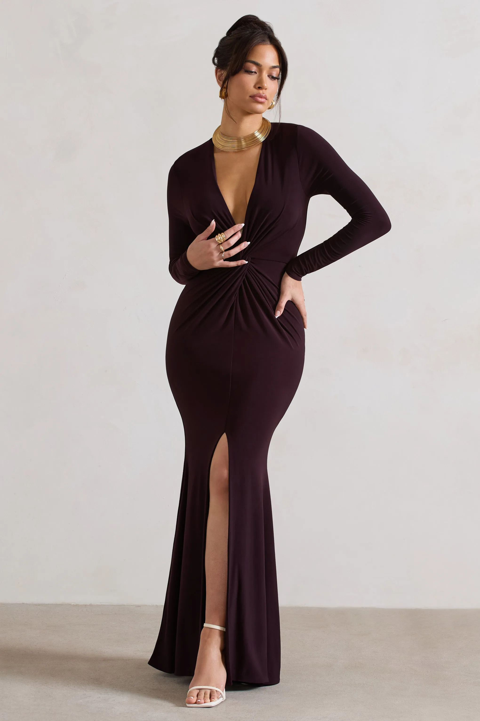 Tianna | Dark Plum Plunge-Neck Twisted Split Maxi Dress