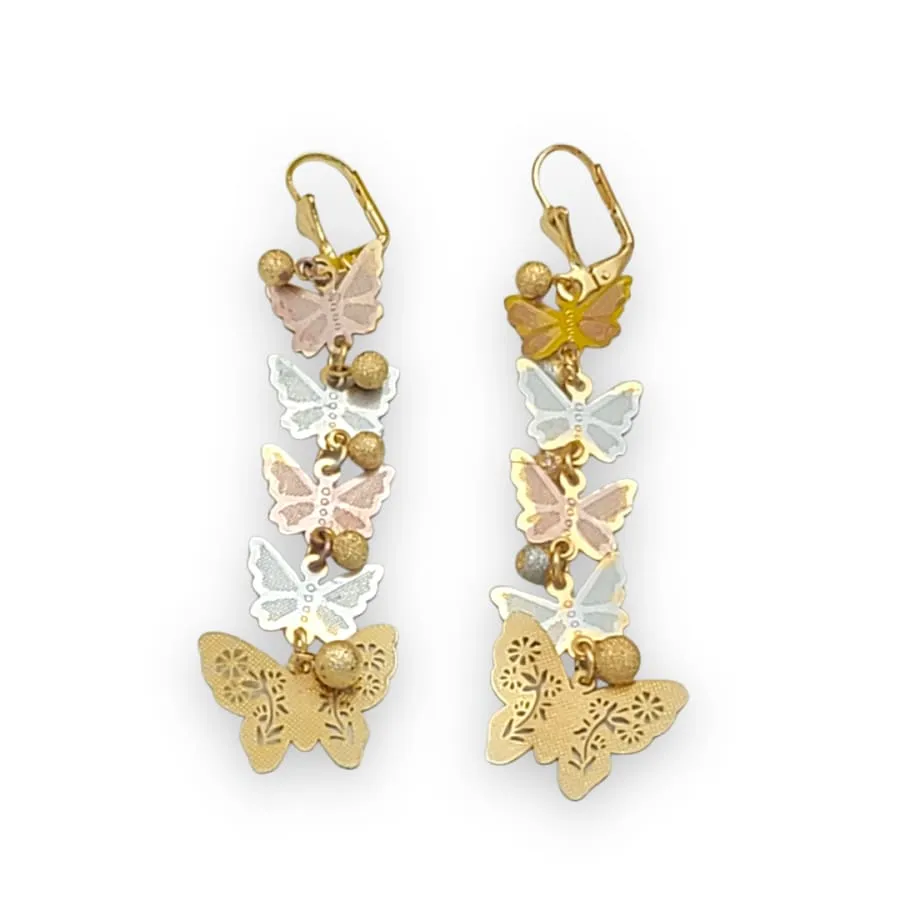 Tri-color butterfly lever-back 18k of gold plated earrings