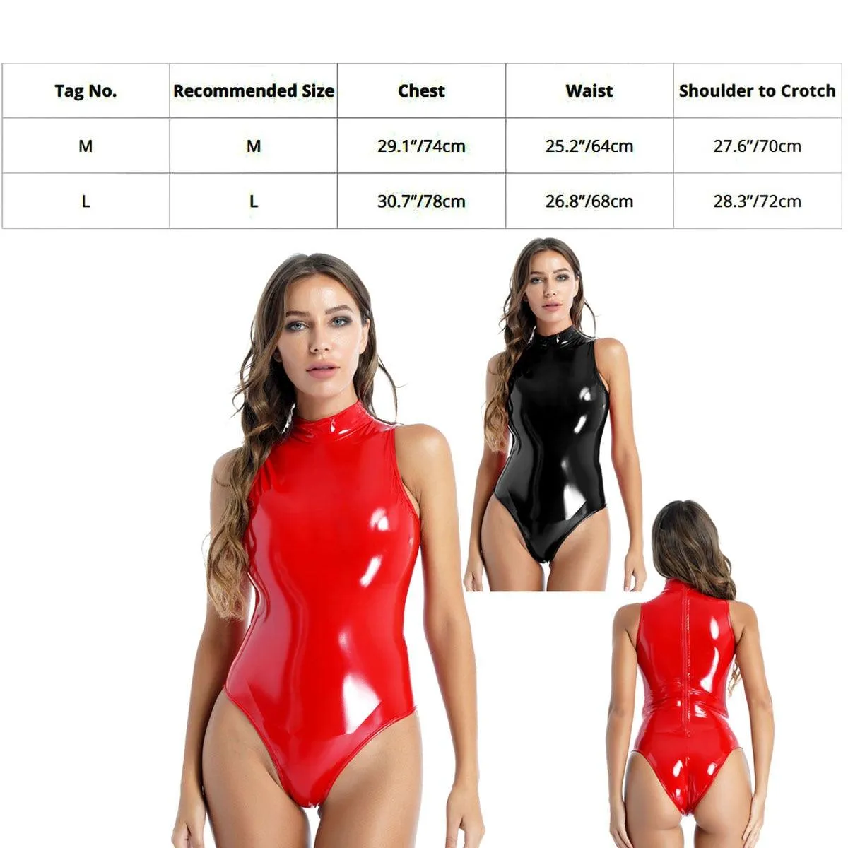 Unleash Your Dark Side with Our Sexy Wetlook Patent Leather High Collar Sleeveless Double Zipper Bodysuit