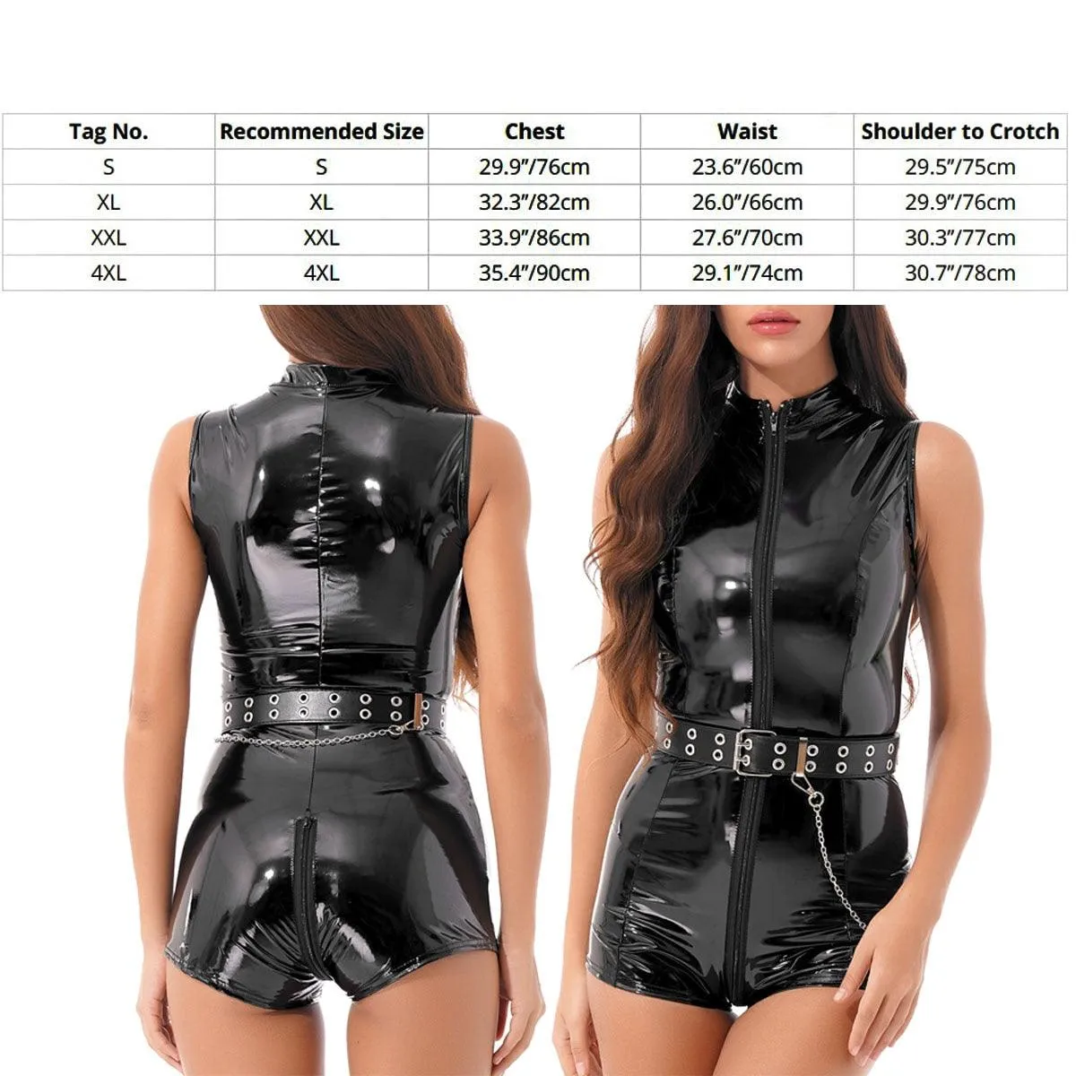 Unleash Your Dark Side with Our Sexy Wetlook Patent Leather High Collar Sleeveless Double Zipper Bodysuit