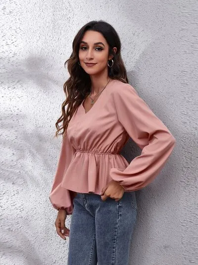 V-Neck Balloon Sleeve Peplum Blouse