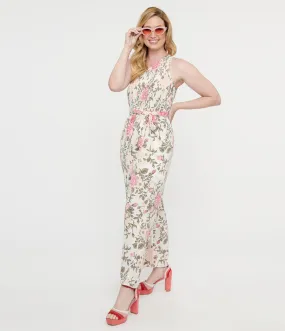 White & Pink Floral Asymmetrical Chiffon Jumpsuit