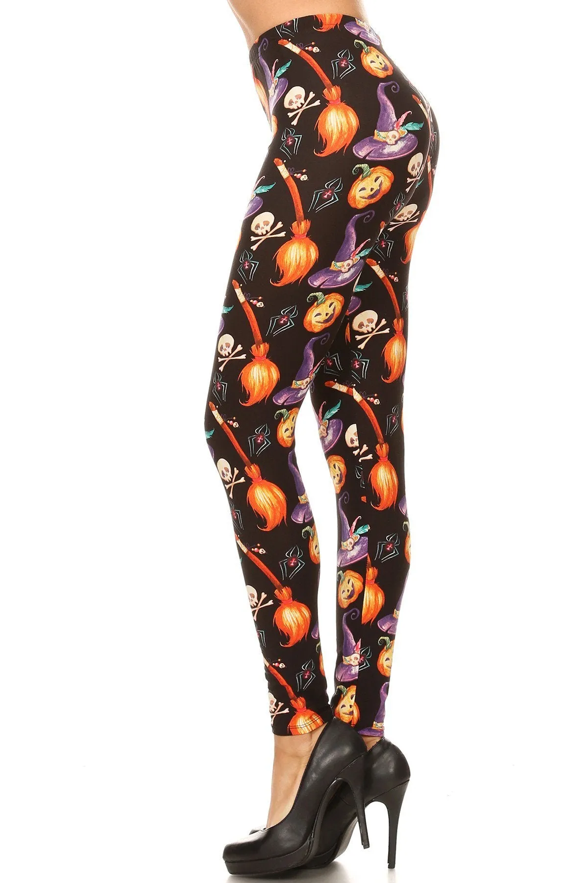 Women's 3X 5X Halloween Witch Hat Broom Pattern Printed Leggings