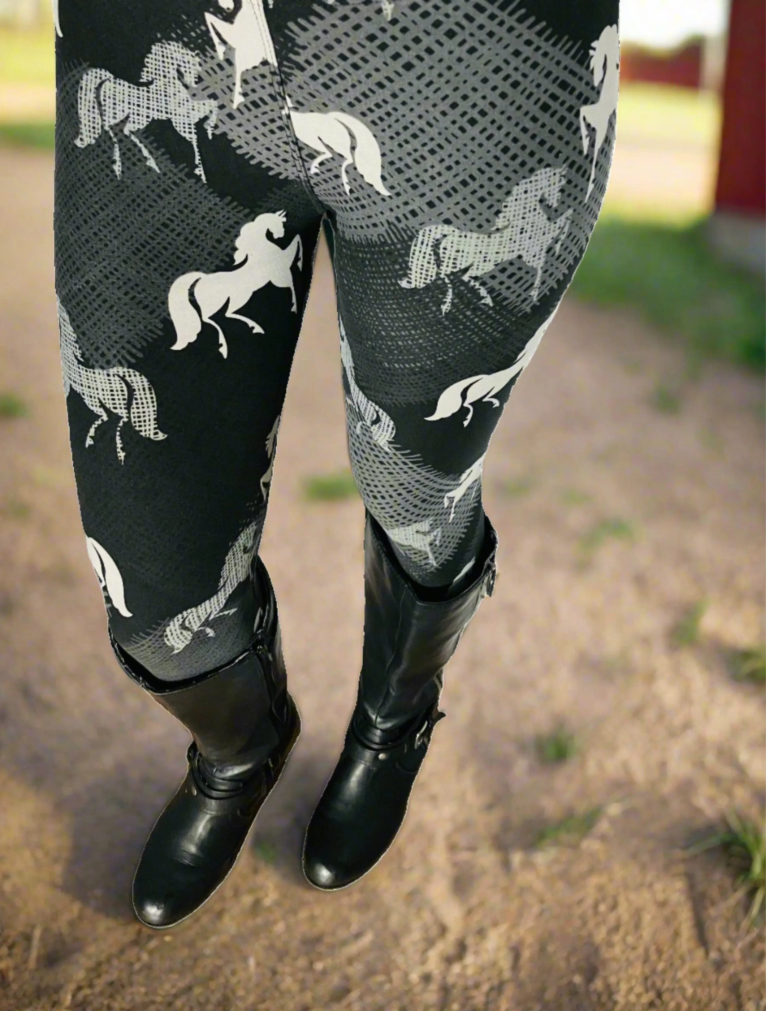 Womens Black Horse Leggings, Soft Yoga Pants, Sizes 0-20, Yoga Waist, Black/White