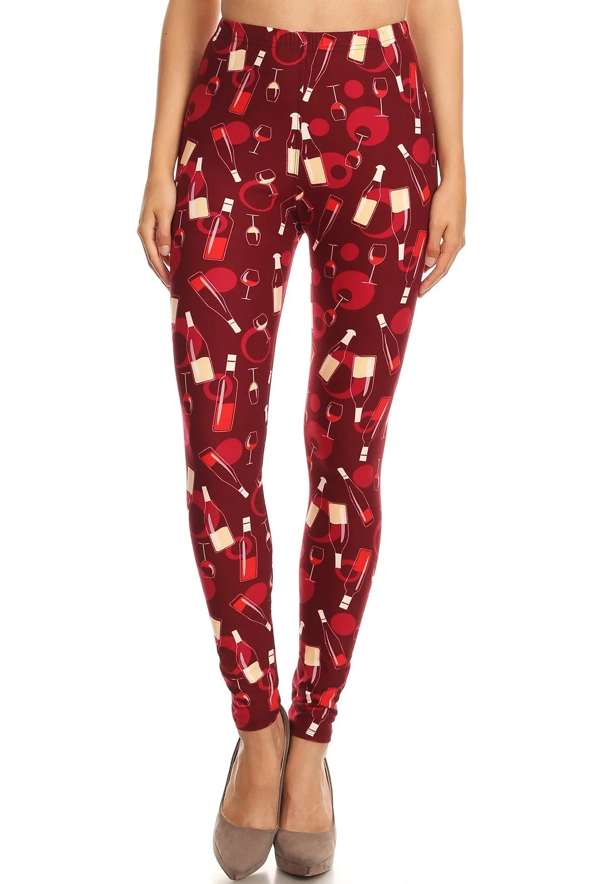 Women's Plus Wine Glass and Bottle Pattern Printed Leggings