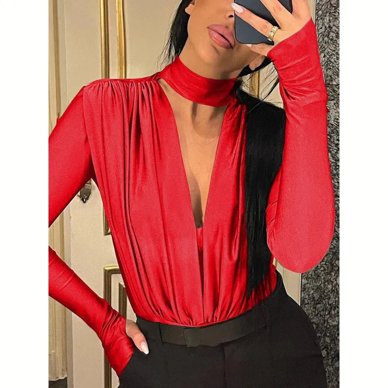 Women's Polyester Knitted Slim Fit Long Sleeve Deep V Neck Bodysuit