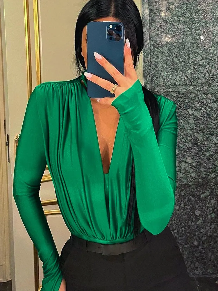 Women's Polyester Knitted Slim Fit Long Sleeve Deep V Neck Bodysuit