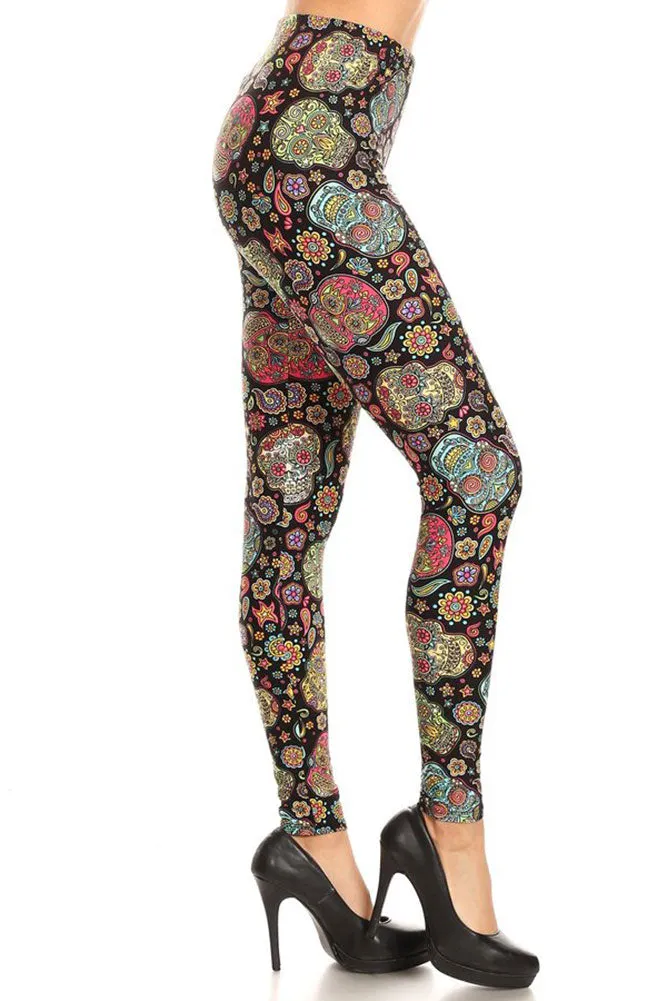 Women's Regular Colorful Sugar Skulls Flower Pattern Printed Leggings