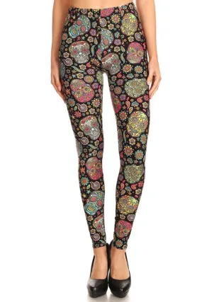 Women's Regular Colorful Sugar Skulls Flower Pattern Printed Leggings