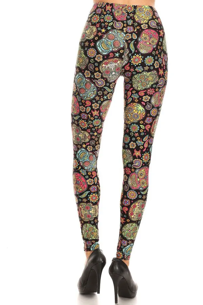 Women's Regular Colorful Sugar Skulls Flower Pattern Printed Leggings